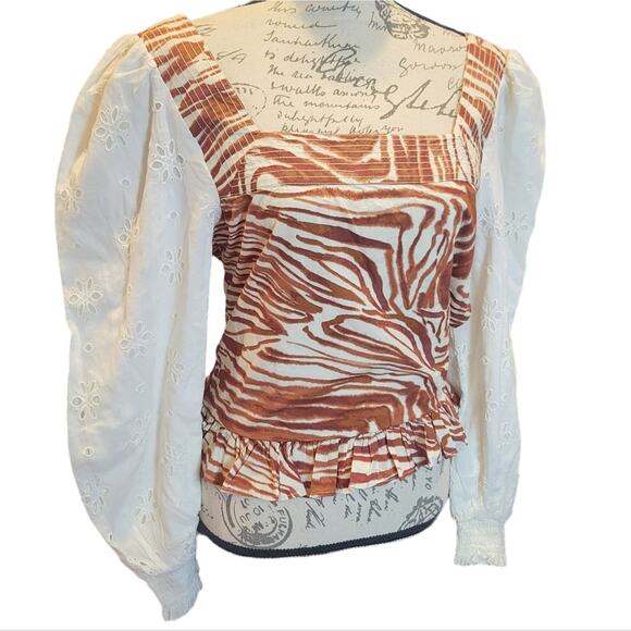 Anthropologie Love The Label Smocked Puff Sleeve Blouse Zebra Square Neck Boho M - Picture 6 of 8